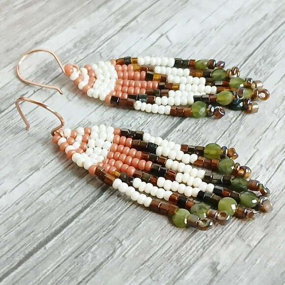 Jade Beaded Fringe Dangle Earrings, Earthy Tones, 2.75" - Picture 3 of 6